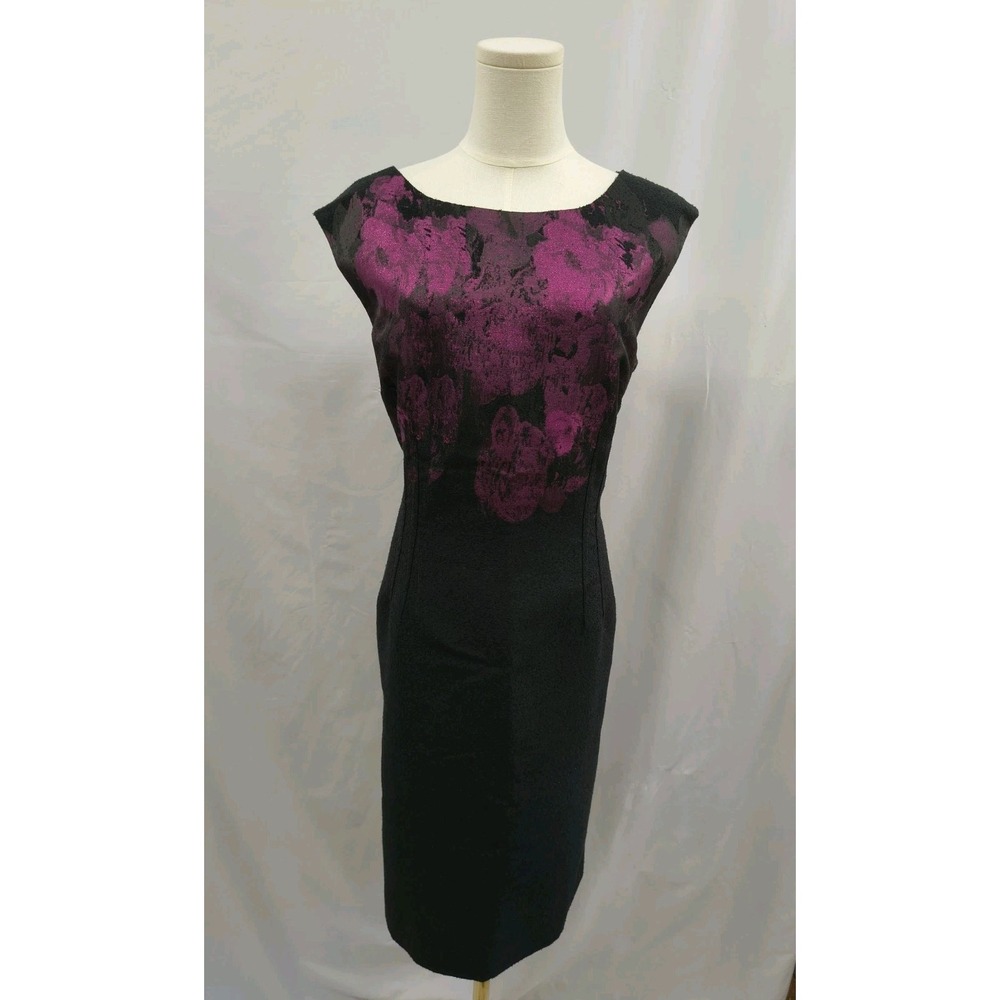 Tahari Sheath Dress Black Pink Metallic Op Art Rose Slub Knit Pencil Skirt Sz 16